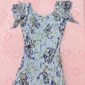 Vintage Floral Sequin Dress Y2K Blue Butterfly Fairycore Romance M Dressbarn